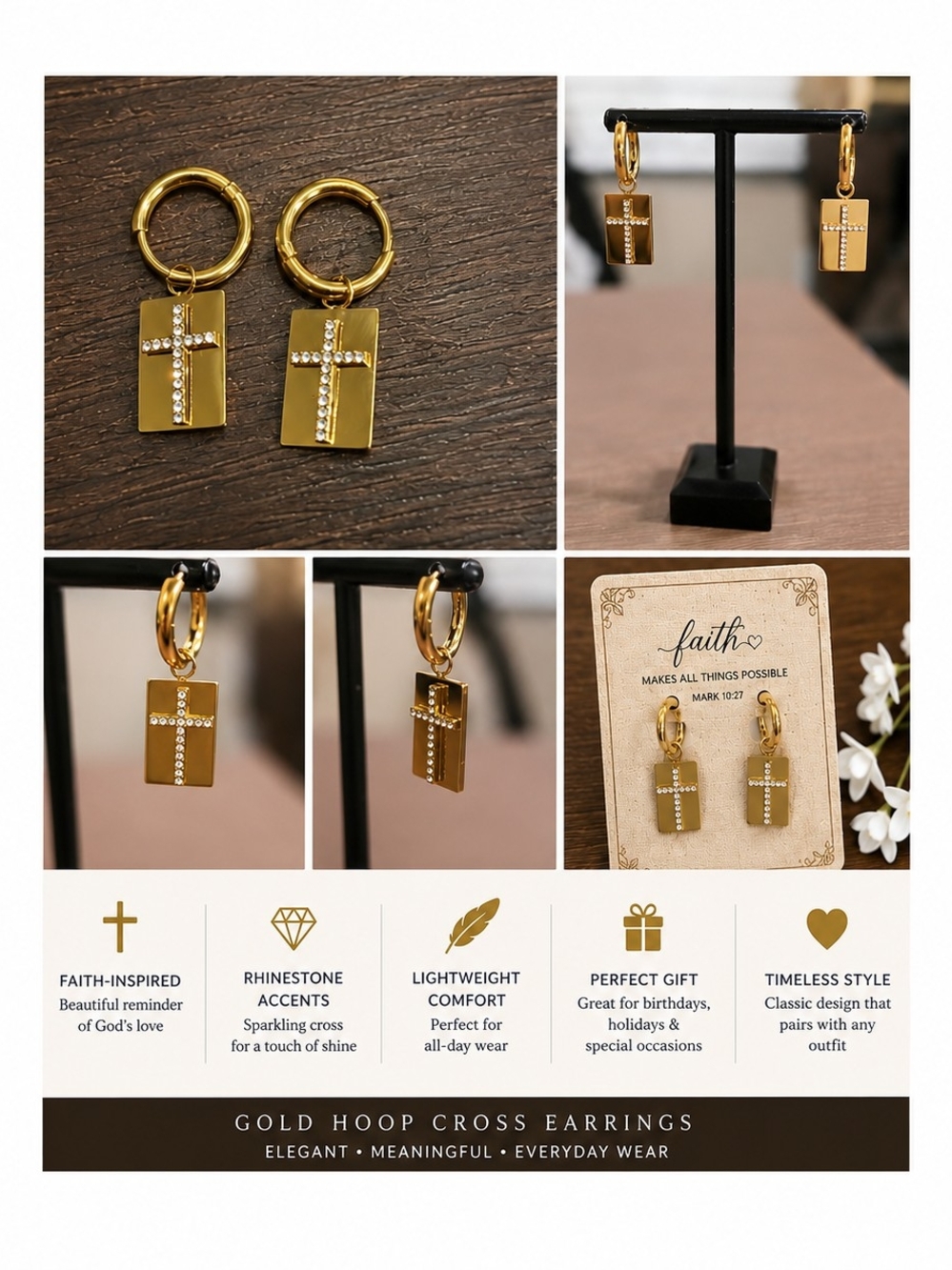 NWOT - Gold Tone Hoop Cross Earrings with Rhinestone Cross